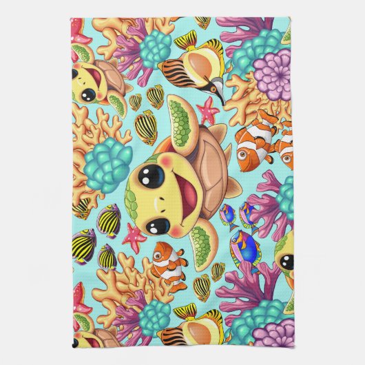 Zee Schildpad Baby Gelukkig en schattig personage Theedoek (Verticaal)