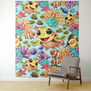 Zee Schildpad Baby Gelukkig en schattig personage Wandkleed