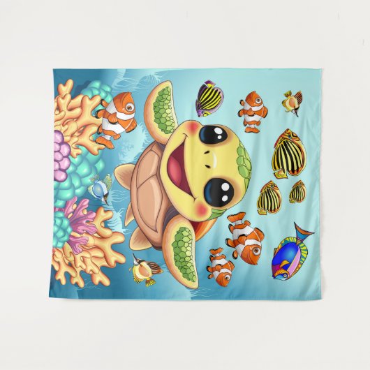 Zee Schildpad Baby Gelukkig en schattig personage Wandkleed (Voorkant (horizontaal))