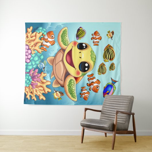 Zee Schildpad Baby Gelukkig en schattig personage Wandkleed (In Situ (horizontaal))