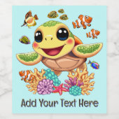 Zee Schildpad Baby Gelukkig en schattig personage Wijn Etiket (Enkel label)