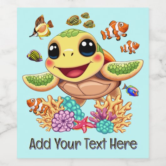 Zee Schildpad Baby Gelukkig en schattig personage Wijn Etiket (Enkel label)