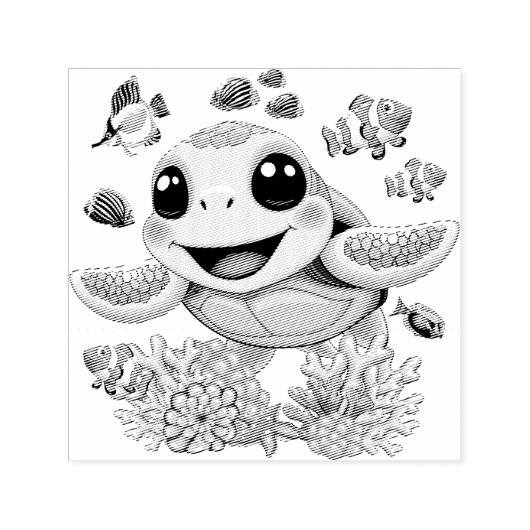 Zee Schildpad Baby Gelukkig en schattig personage Zelfinktende Stempel (Design)