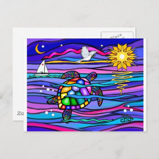 Zee schildpad (blauw / roze) briefkaart (Voorkant / Achterkant)