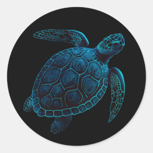 zee schildpad, blauwe digitale tekening ronde sticker