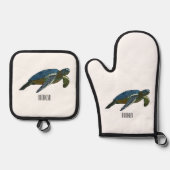 Zee schildpad cartoon ovenwant & pannenlap set (Voorkant)