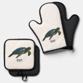 Zee schildpad cartoon ovenwant & pannenlap set (Voorkant / Achterkant)