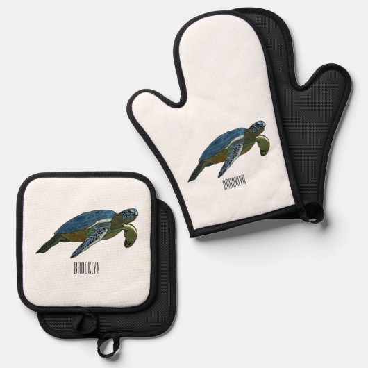 Zee schildpad cartoon ovenwant & pannenlap set (Voorkant / Achterkant)