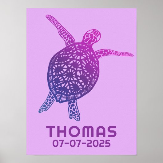 Zee schildpad CUSTOM BABY NAAM VERJAARDAG Kunst Poster (Voorkant)