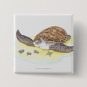 Zee schildpad en baby's vierkante button 5,1 cm