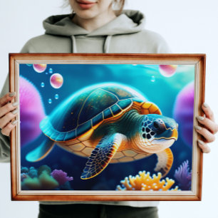 Zee, schildpad en digitale koraalkunst afdrukken poster