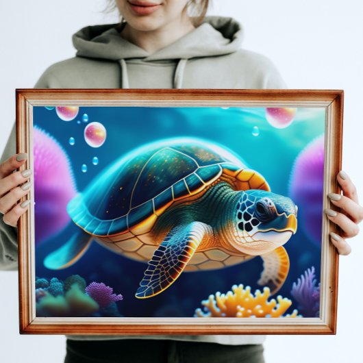 Zee, schildpad en digitale koraalkunst afdrukken poster