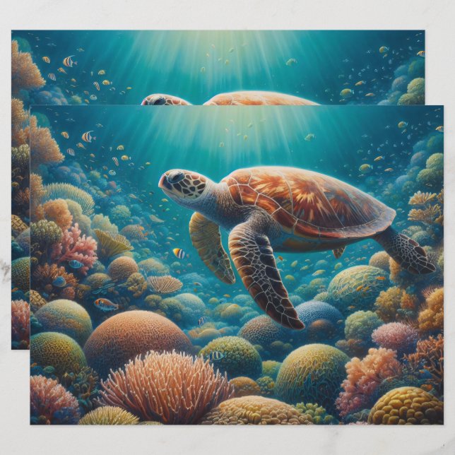 Zee Schildpad en Koraal Scrapbook Papier (Voorkant / Achterkant)