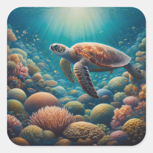 Zee Schildpad en Koraal Vierkante Sticker (Voorkant)