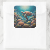 Zee Schildpad en Koraal Vierkante Sticker (Tas)