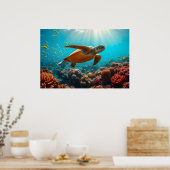 Zee schildpad en vele kleine vissen onder water poster (Keuken)
