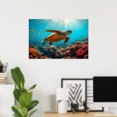 Zee schildpad en vele kleine vissen onder water poster (Thuiskantoor)