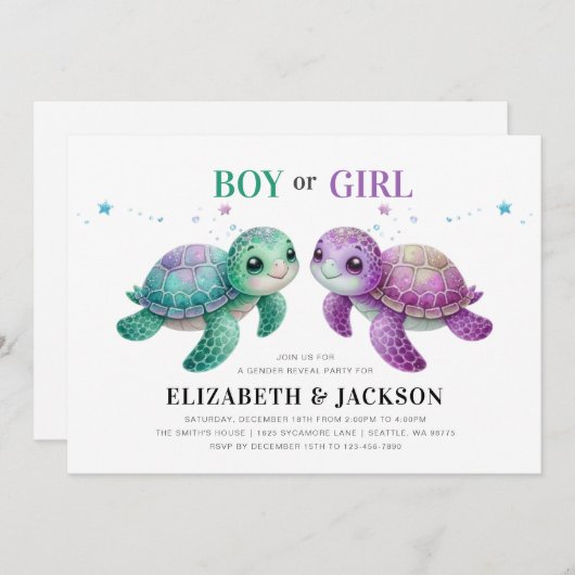 Zee schildpad Geslacht onthullen uitnodiging (Voorkant / Achterkant)