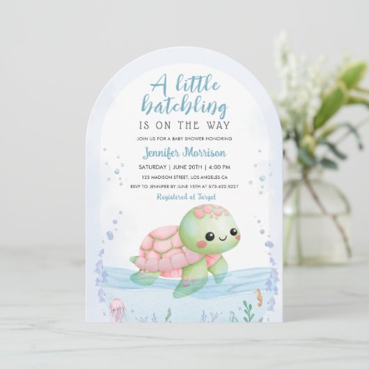 Zee Schildpad Hatchling Meisje Baby shower Pink Ar Kaart (Staand voorkant)