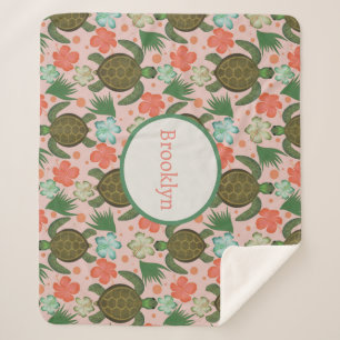 Zee Schildpad & Hibiscus Blush Roze Bloemenkwekeri Sherpa Deken
