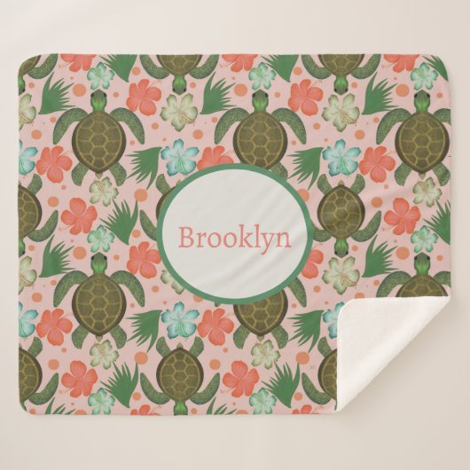 Zee Schildpad & Hibiscus Blush Roze Bloemenkwekeri Sherpa Deken (Voorkant (horizontaal))