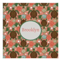 Zee Schildpad & Hibiscus Koraal Roze Bloemen Naam