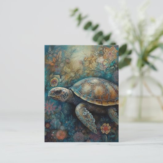 Zee schildpad in bloei briefkaart (Staand voorkant)