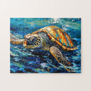Zee Schildpad in Expressieve Oliepenseelstreken Legpuzzel