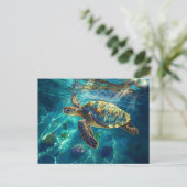 Zee schildpad in prachtig blauw water briefkaart (Staand voorkant)