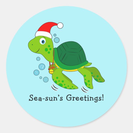 Zee schildpad in Santa Hat Ocean Kerstmis Ronde Sticker (Voorkant)