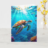 Zee Schildpad Kleurrijke Onderwater Scène Verjaard Kaart (Gele Bloem)