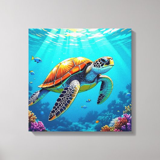 Zee Schildpad Levendige Oceaan Illustratie Canvas Afdruk (Voorkant)