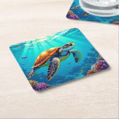 Zee Schildpad Levendige Oceaan Illustratie Kartonnen Onderzetters (Schuin)