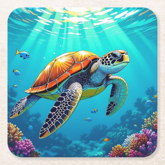 Zee Schildpad Levendige Oceaan Illustratie Kartonnen Onderzetters (Voorkant)
