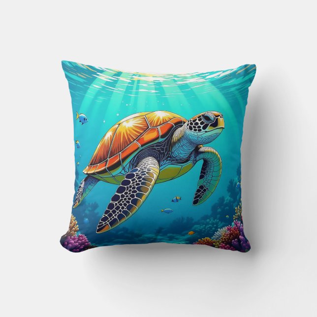 Zee Schildpad Levendige Oceaan Illustratie Kussen (Voorkant)