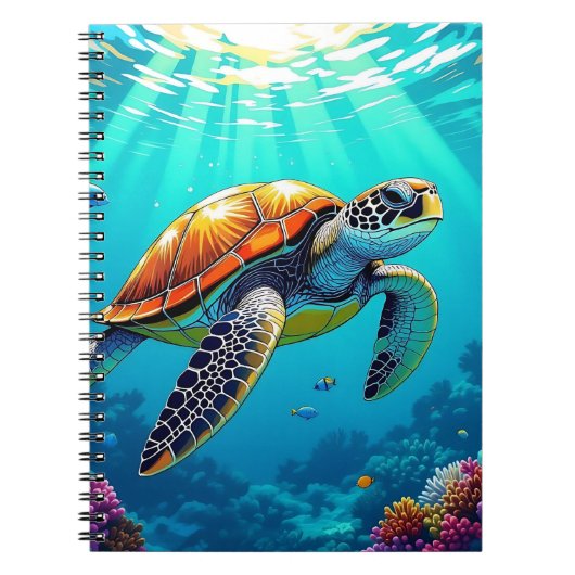 Zee Schildpad Levendige Oceaan Illustratie Notitieboek (Voorkant)