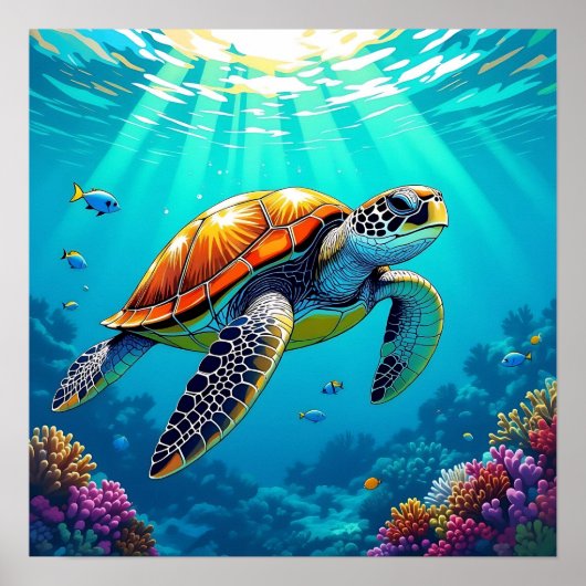 Zee Schildpad Levendige Oceaan Illustratie Poster (Voorkant)