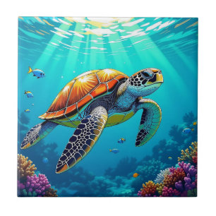 Zee Schildpad Levendige Oceaan Illustratie Tegeltje