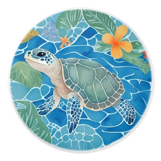 Zee schildpad links tegenover Ocean Life Bright Bl Keramische Knop (Voorkant)