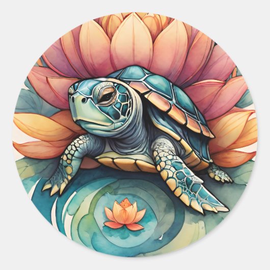 Zee Schildpad Lotus Bloemenkunst Schildpadden Natu Ronde Sticker (Voorkant)