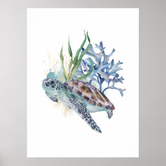 Zee schildpad onder de Waterverf Zee Poster