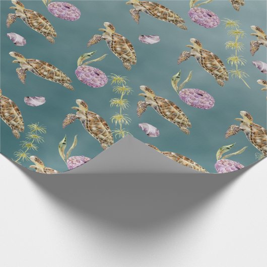 Zee schildpad onder een diep groen Zee Cadeaupapier (Hoek)