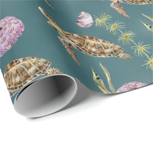 Zee schildpad onder een diep groen Zee Cadeaupapier (Rol Hoek)