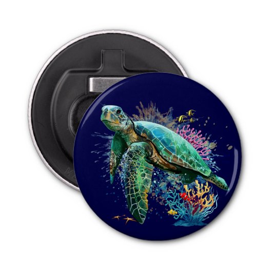 Zee schildpad onderwater waterverf Stijl Button Flesopener (Voorkant)