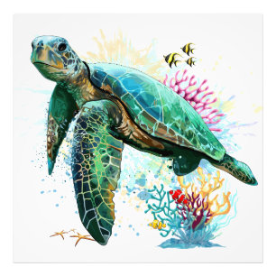 Zee schildpad onderwater waterverf Stijl Foto Afdruk