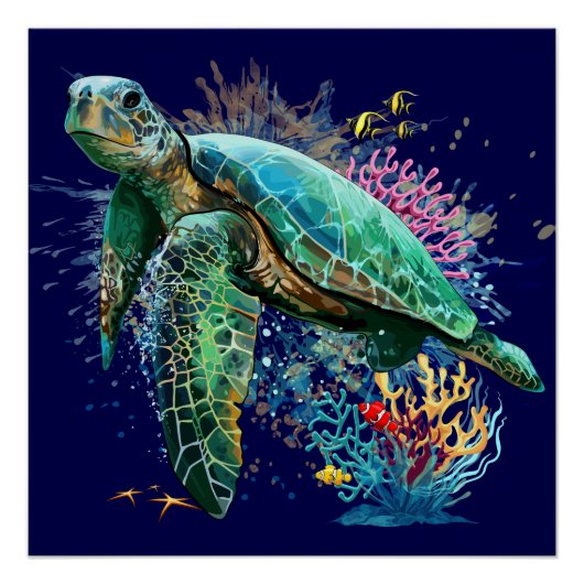 Zee schildpad onderwater waterverf Stijl Perfect Poster (Voorkant)