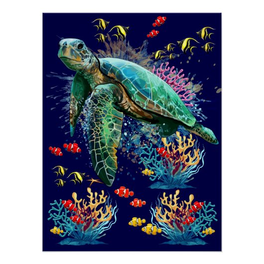 Zee schildpad onderwater waterverf Stijl Perfect Poster (Voorkant)