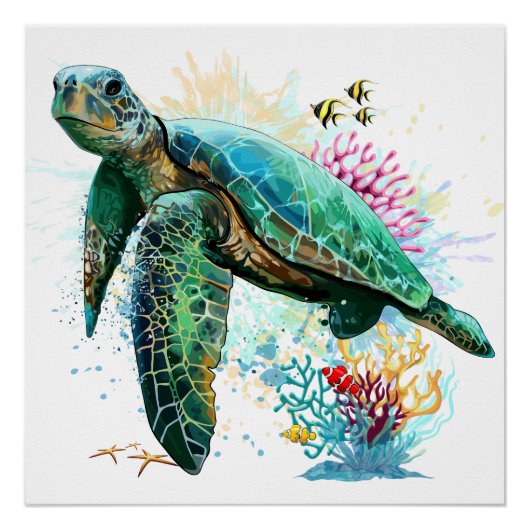 Zee schildpad onderwater waterverf Stijl Perfect Poster (Voorkant)
