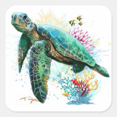 Zee schildpad onderwater waterverf Stijl Vierkante Sticker (Voorkant)
