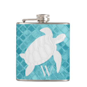 Zee schildpad op Aqua Zee Glass Monogram Heupfles
